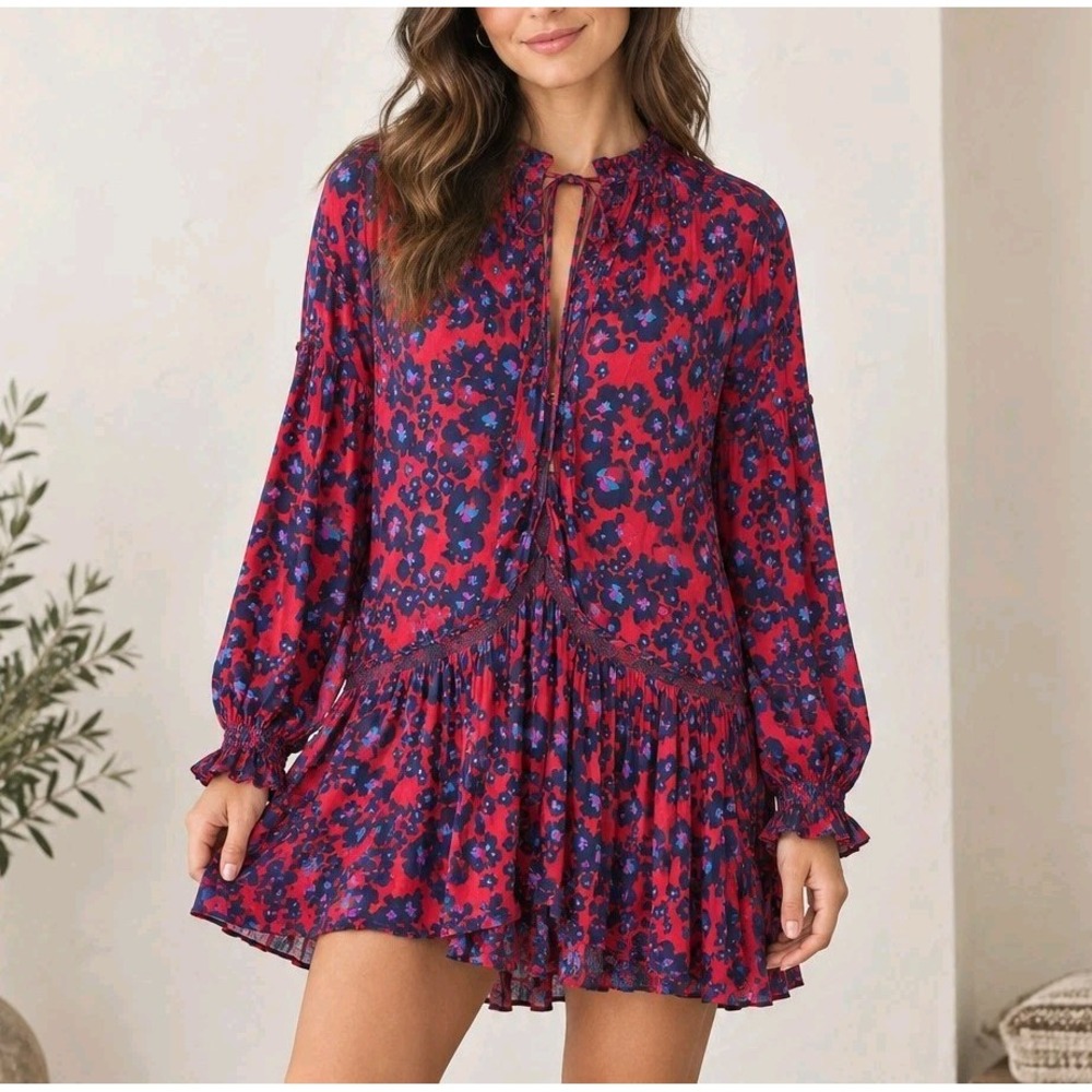 Free People Womens Small Love Letter Boho Floral Tunic Mini Dress Red Ruffle